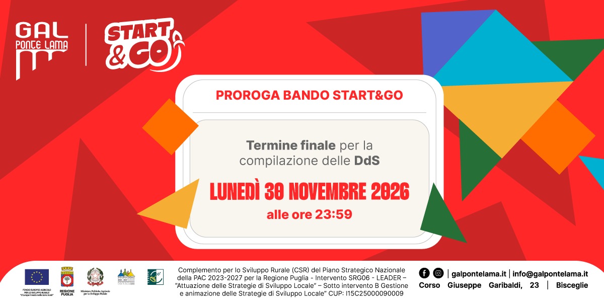 Proroga del bando Start&Go: domande fino alle ore 23.59 di lunedì 30 novembre 2026